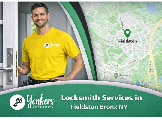 Locksmith technician providing Fieldston Bronx locksmith services near a residential door