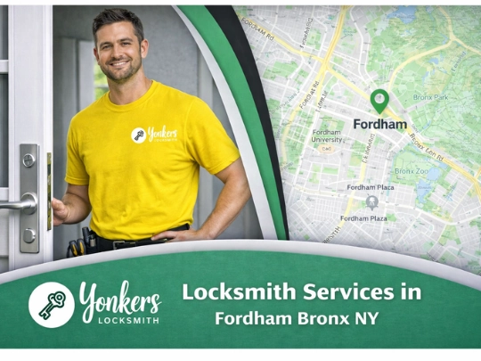 Locksmith technician working on a door lock with a map of Fordham, Bronx NY