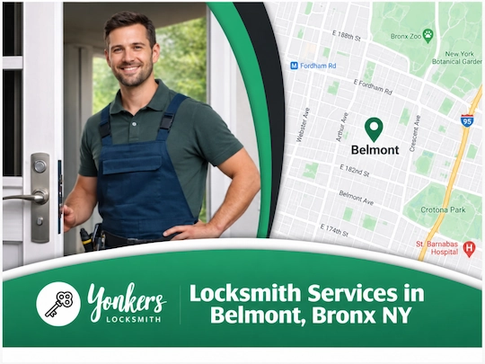 Locksmith technician at a storefront door with a map of Belmont, Bronx NY