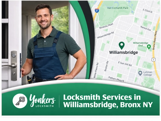 Locksmith technician at an open door with a map of Williamsbridge, Bronx NY